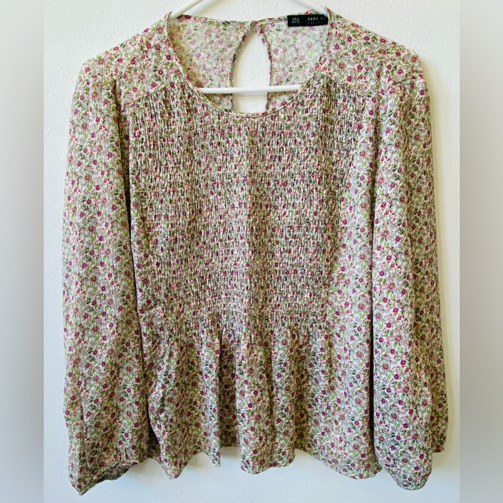 Zara Basic Floral Smocked Blouse XL